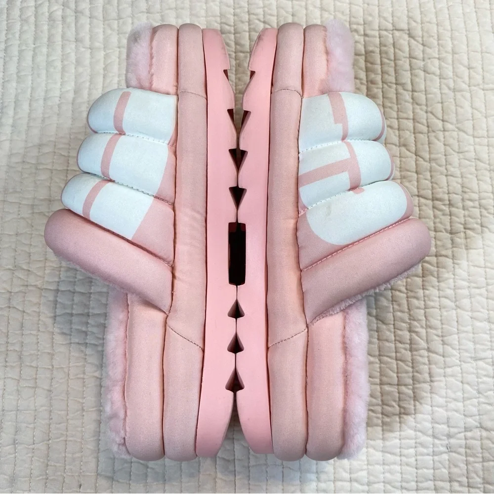 UGG Womens Maxi Slide Logo Sandal Pink Scallop Puff Platform Fur Lined Size 8